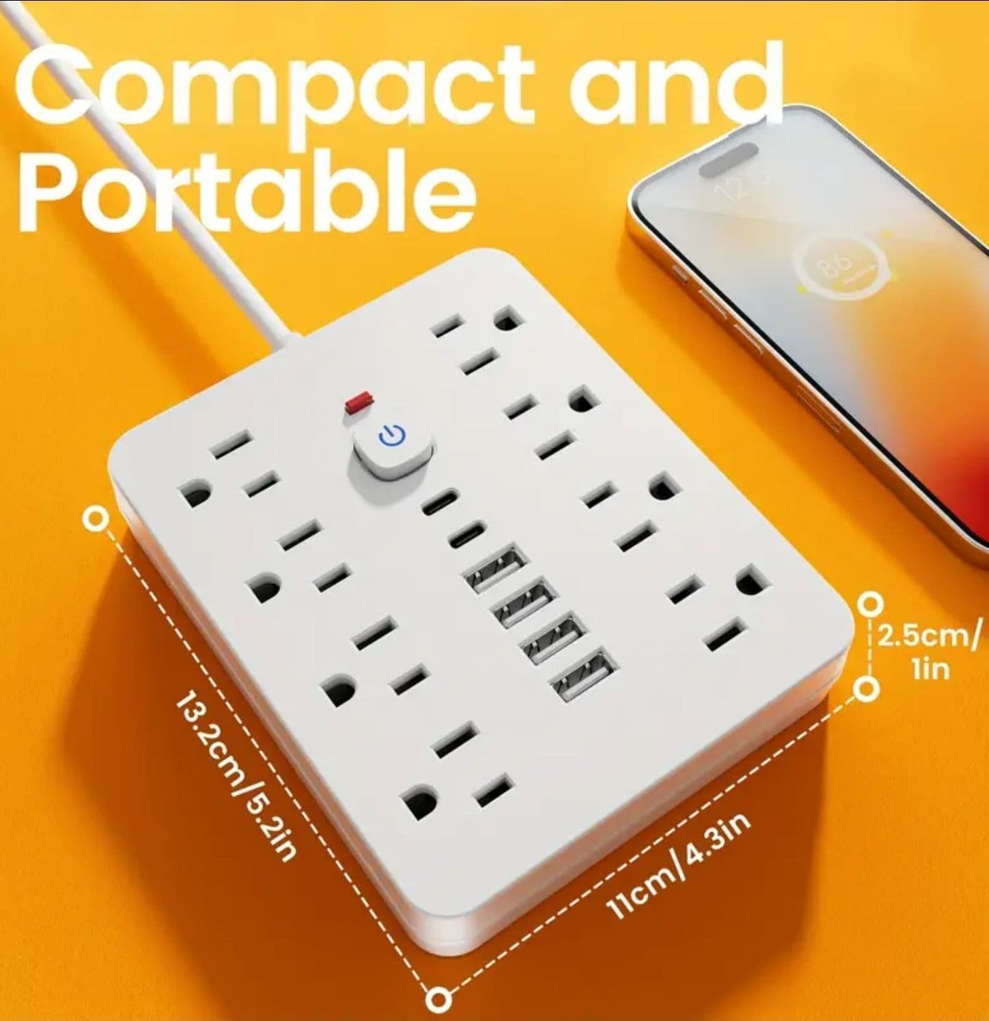 Adaptador de corriente blanco de escritorio o pared, tipo cargador, en caja de cartón con cable de alimentación blanco incluido.