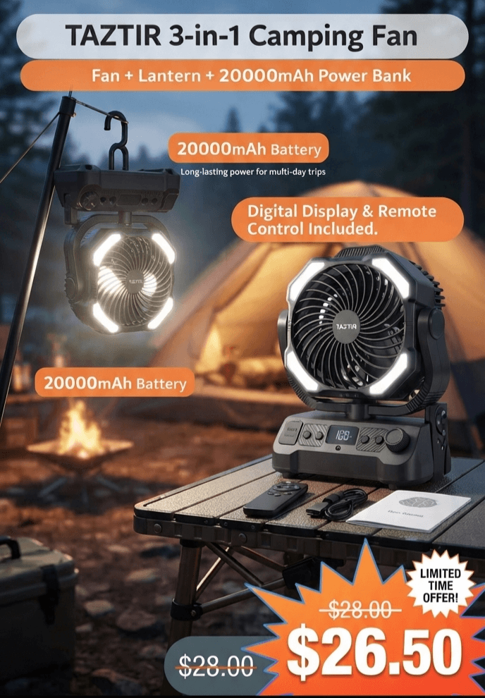 Ventilador portátil TAZTIR modelo YH-F145, 20000 mAh, color negro
