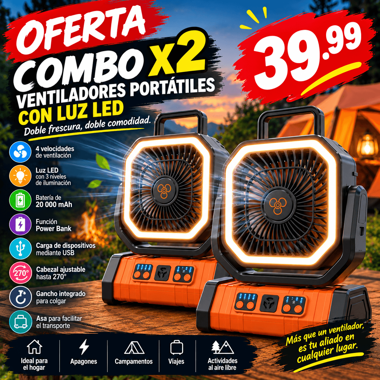 Ventiladores portátiles recargables de exterior modelo FX13 en cajas de cartón originales, color marrón, diseño compacto con asa y rejilla frontal