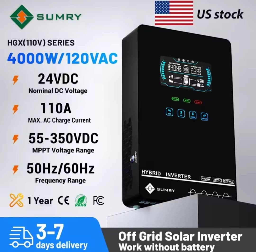 Inversor Solar Híbrido Sumry 4KW 120V 24V Onda Senoidal Pura MPPT (Modelo: HGX (110V) 4KW)