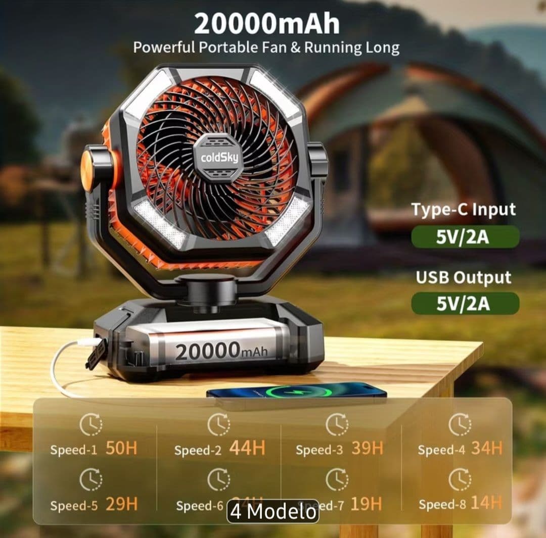 Ventilador de camping recargable coldSky, modelo 8136S, color negro con detalles naranjas, diseño de doble aspa, portátil para uso exterior.