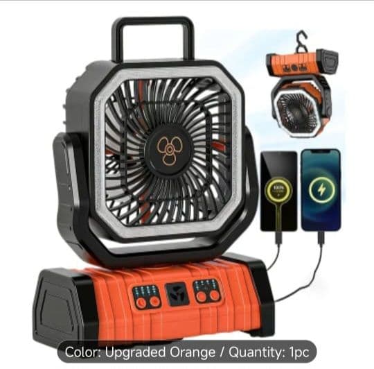 Ventilador portátil para exterior FX13, en caja de cartón color marrón, con diseño colgable y batería integrada, color negro/marrón según el empaque.