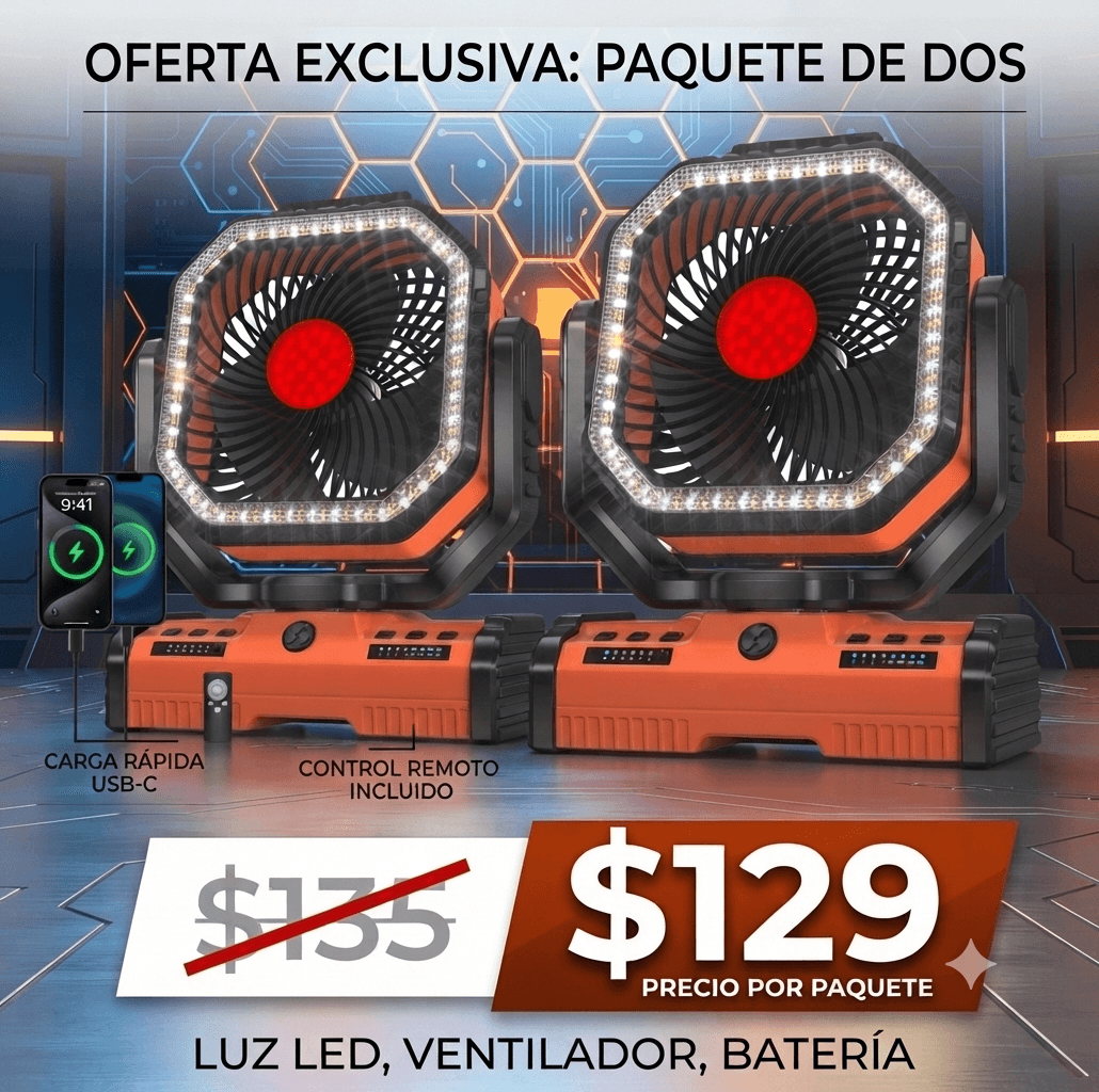 2 ventiladores de camping EEIFO modelo F16 en caja, color naranja de 40000 mAh, 4 velocidades y modo de luz blanca y amarilla