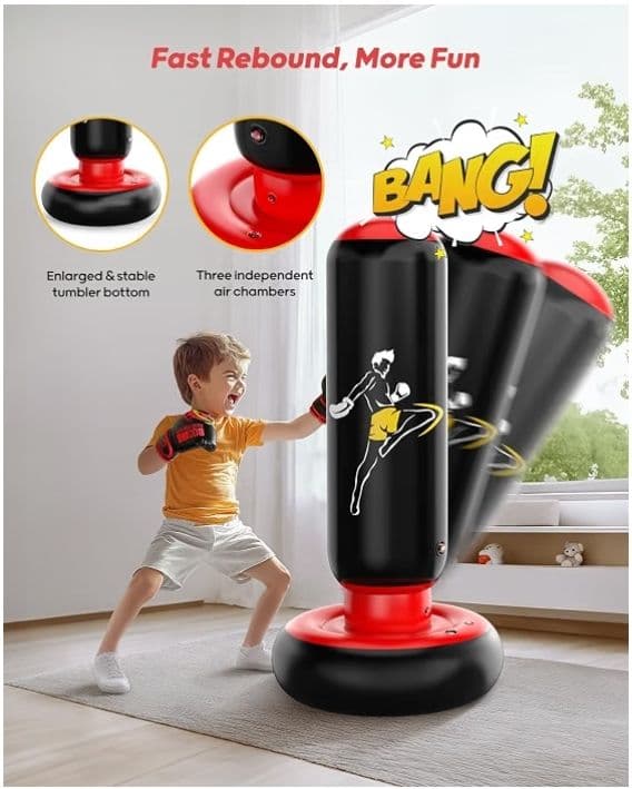 Saco de Boxe Inflável Infantil com Base de Pé, Brinquedo de Boxe com Rebote e Acessórios, Preto Branco e Vermelho