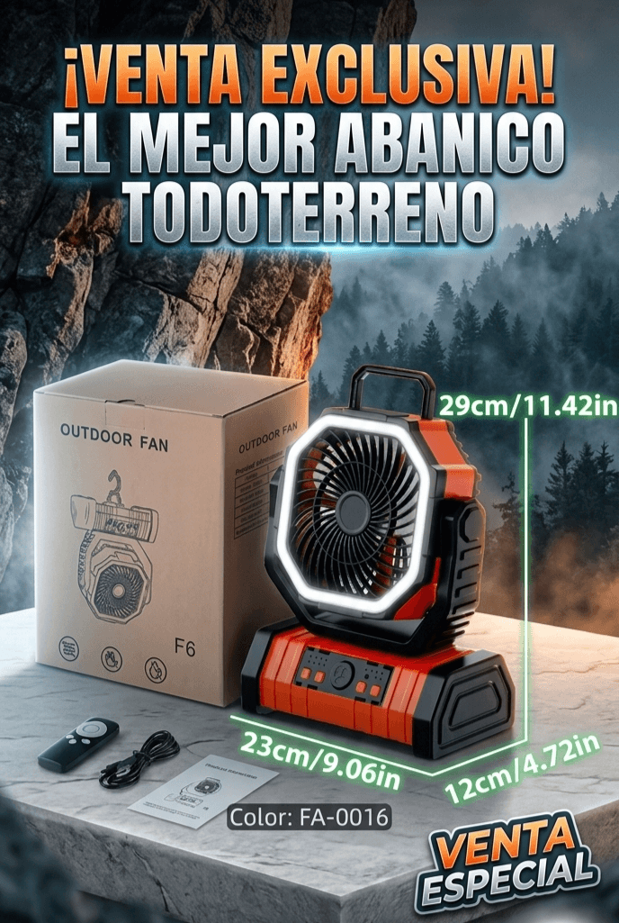 Ventilador portátil de exterior modelo F6, en caja de cartón marrón con ilustración del producto y texto “OUTDOOR FAN”.
