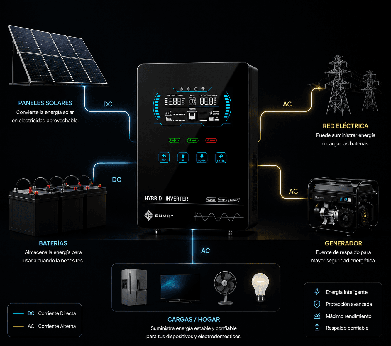 SUMRY Inversor Híbrido 4000W 24VDC a 120VAC para energía solar