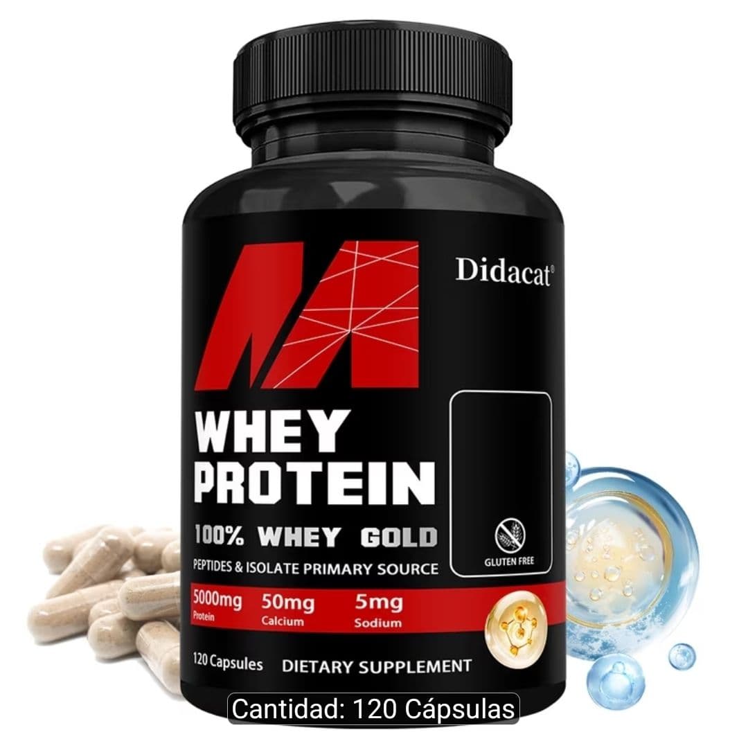 1 bote de proteína whey Didacat Whey Protein 100% Whey Gold, sabor natural/cremoso, envase negro con tapa negra, suplemento alimenticio