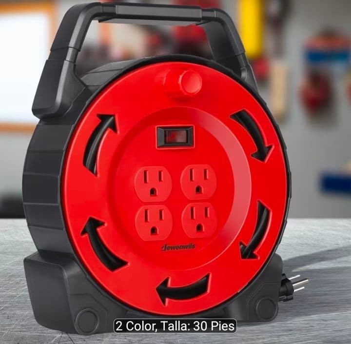 Carrete de extencion enrrollable con 4 tomas de 3 puntos US con 10 metros de longitud 