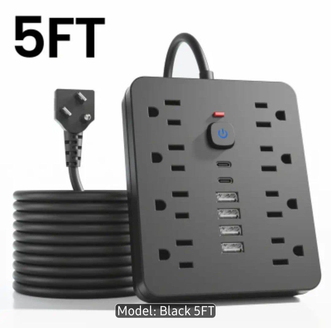 3 regletas de alimentación con cargador USB, y tipo-C ( 2 piezas negras y 1 blanca) en cajas de cartón color marrón y una unidad abierta visible en color negro, con múltiples tomas y cable de alimentación.