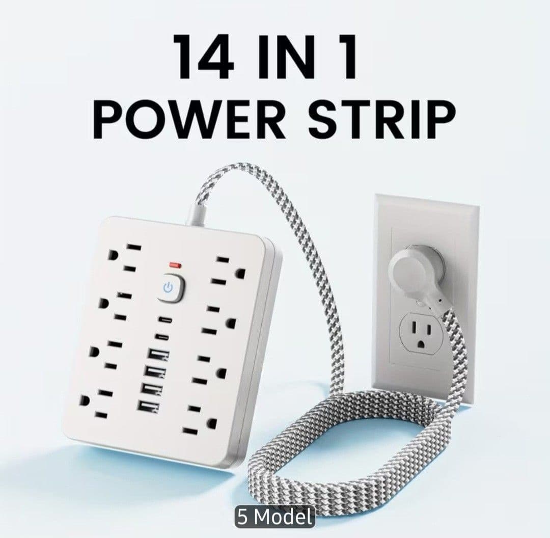 3 regletas de alimentación con cargador USB, y tipo-C ( 2 piezas negras y 1 blanca) en cajas de cartón color marrón y una unidad abierta visible en color negro, con múltiples tomas y cable de alimentación.