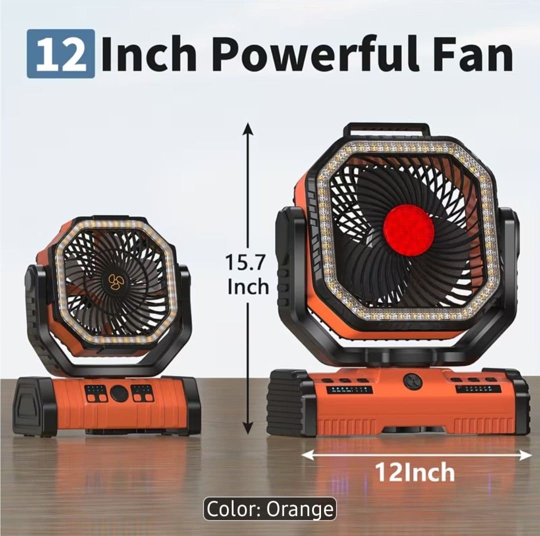 Ventilador portátil para camping EEIFO modelo F16, color naranja,  40000 mAh con 4 velocidades y modo de luz fría y caliente 