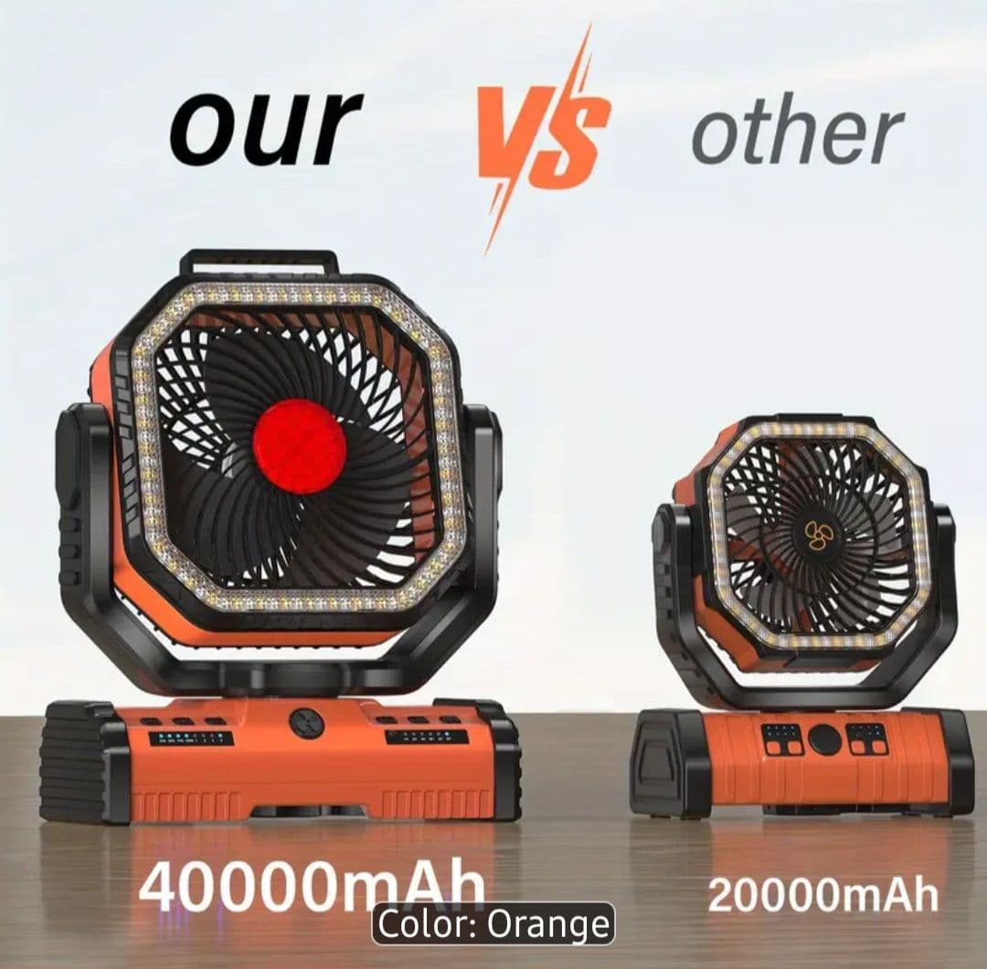 Ventilador portátil para camping EEIFO modelo F16, color naranja,  40000 mAh con 4 velocidades y modo de luz fría y caliente 