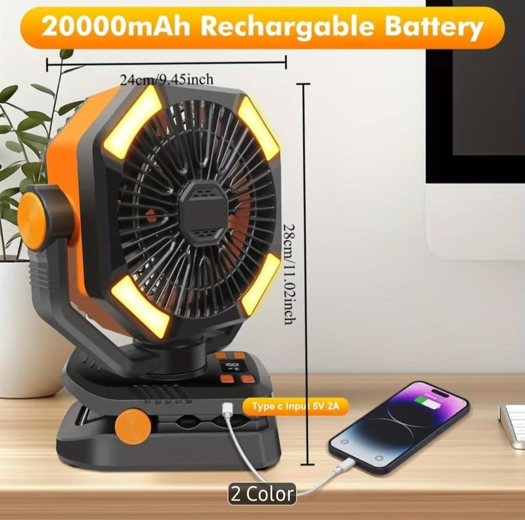 Ventilador de camping recargable portátil, color negro con detalles naranjas, con batería de 20000 mAh y doble aspa ventilador. Producto en caja original.