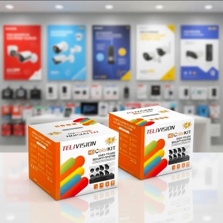 Kit de cámara de seguridad TELIVISION HD Color Kit 4K, sistema inteligente, en caja original, color blanco con gráficos multicolor, incluye DVR y cámaras de vigilancia. 