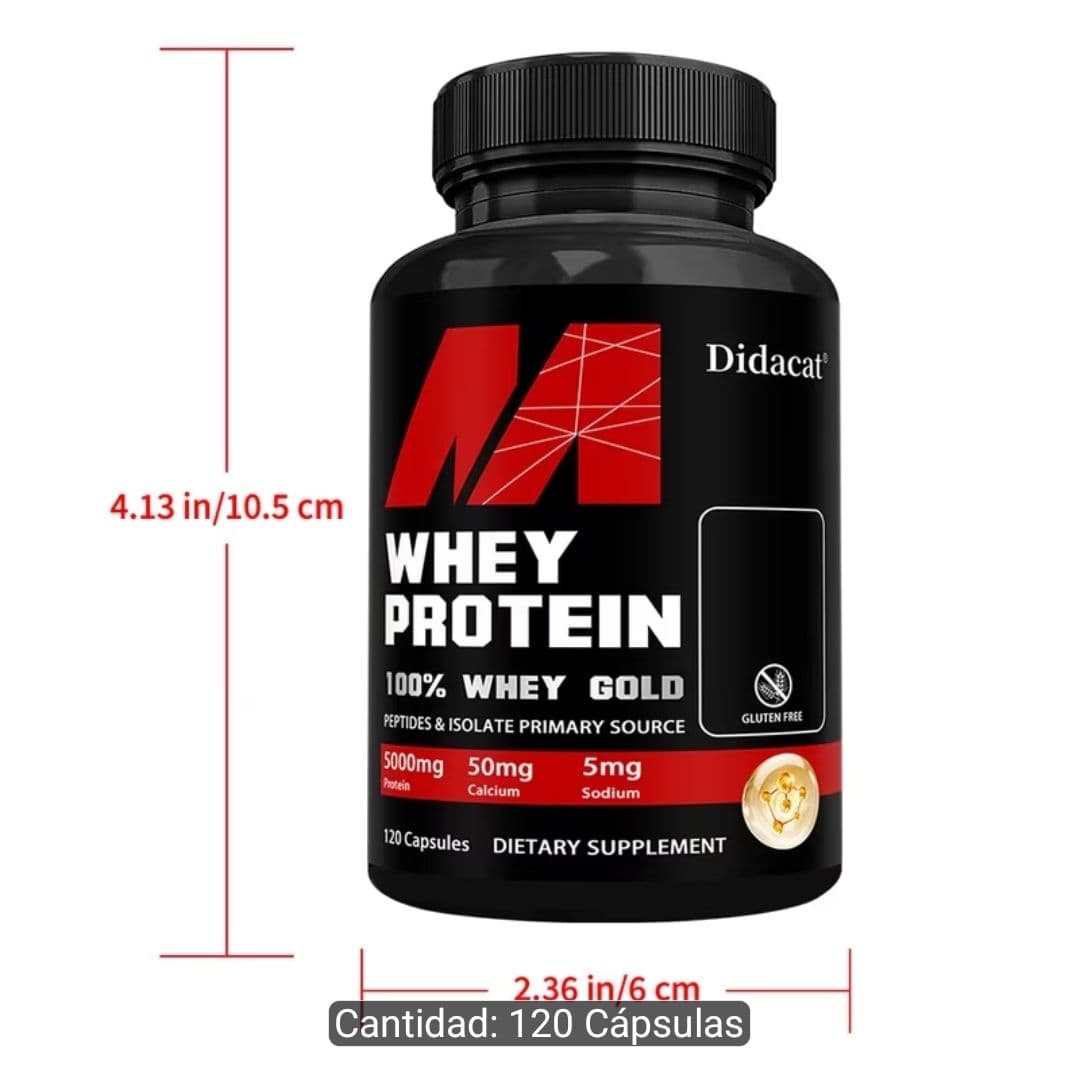 1 bote de proteína whey Didacat Whey Protein 100% Whey Gold, sabor natural/cremoso, envase negro con tapa negra, suplemento alimenticio