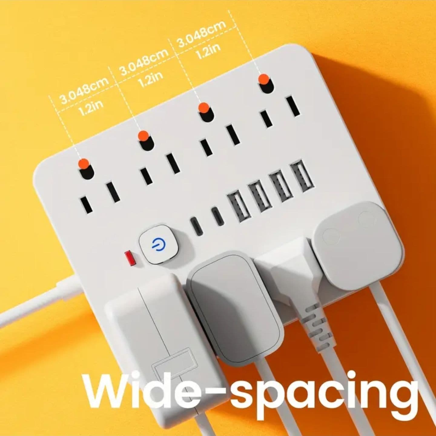 Adaptador de corriente blanco de escritorio o pared, tipo cargador, en caja de cartón con cable de alimentación blanco incluido.