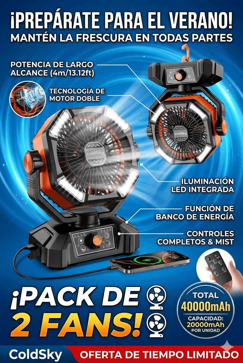 2x Ventilador Portátil ColdSky 20000mAh con 4 Luces LED, Control Remoto y 8 Velocidades. (2 Pack)