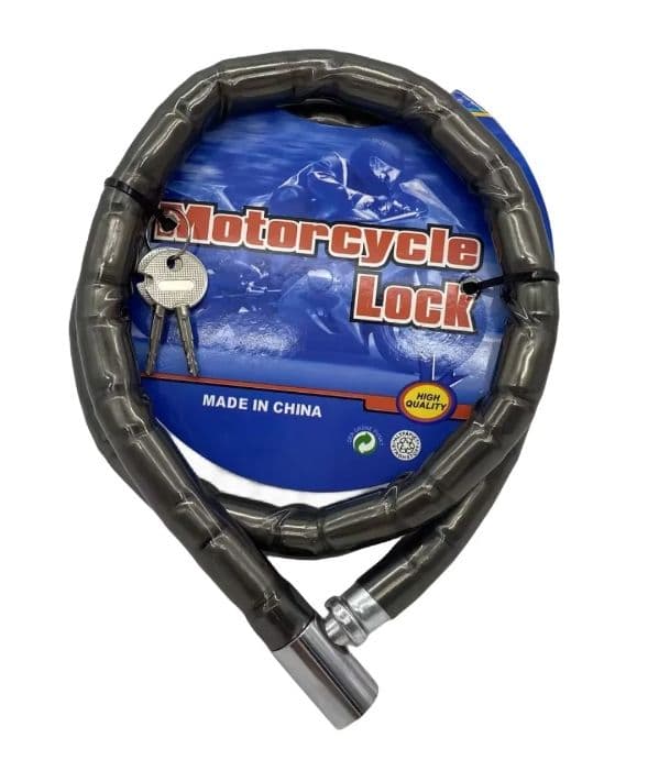Candado para motocicleta tipo cadena, color negro y metálico medidas 100cm de largo 1.8 grosor