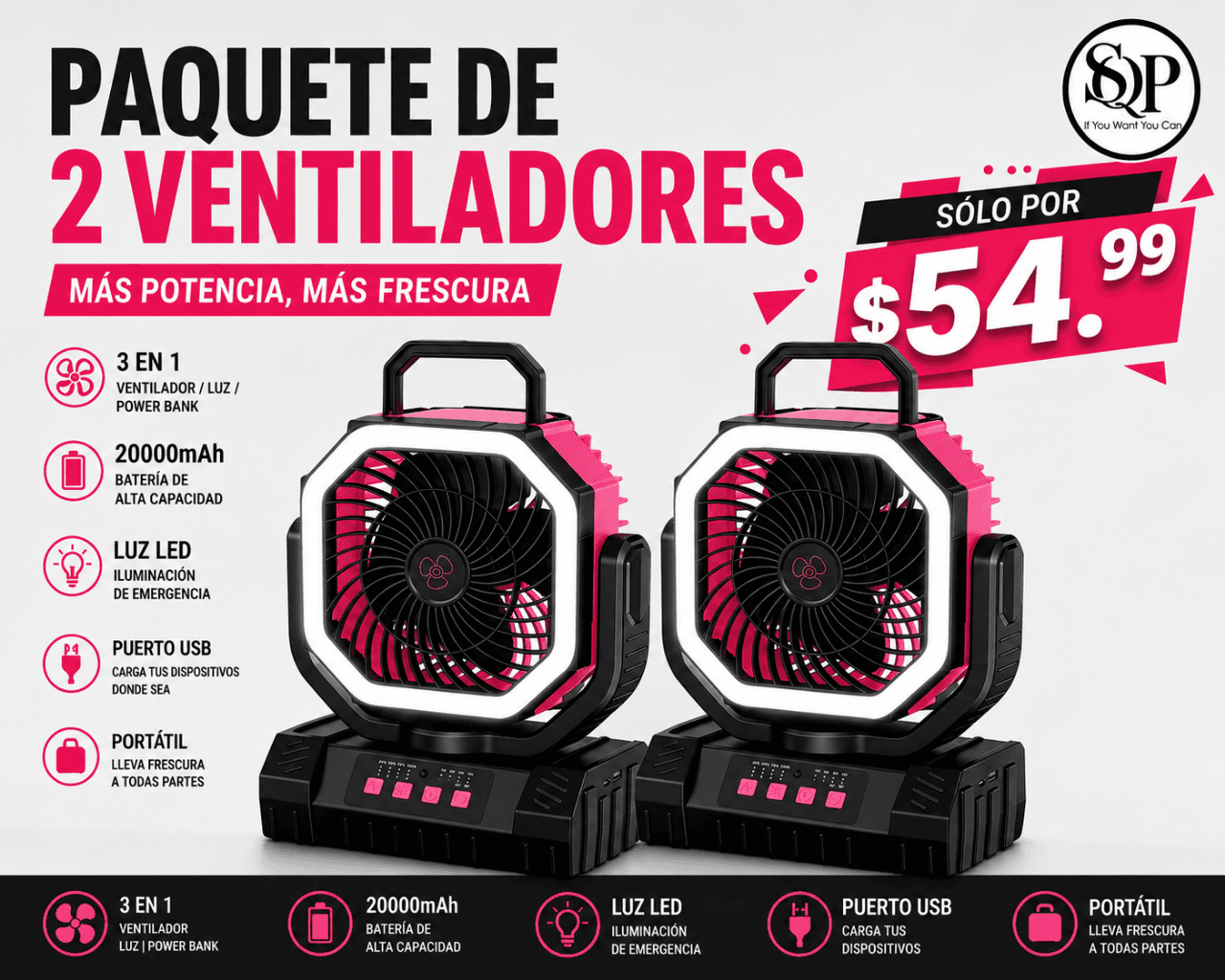 2 cajas de ventilador portátil para exteriores modelo F6S, color marrón kraft, presentadas en empaque original de cartón con ilustración del producto y asa superior.