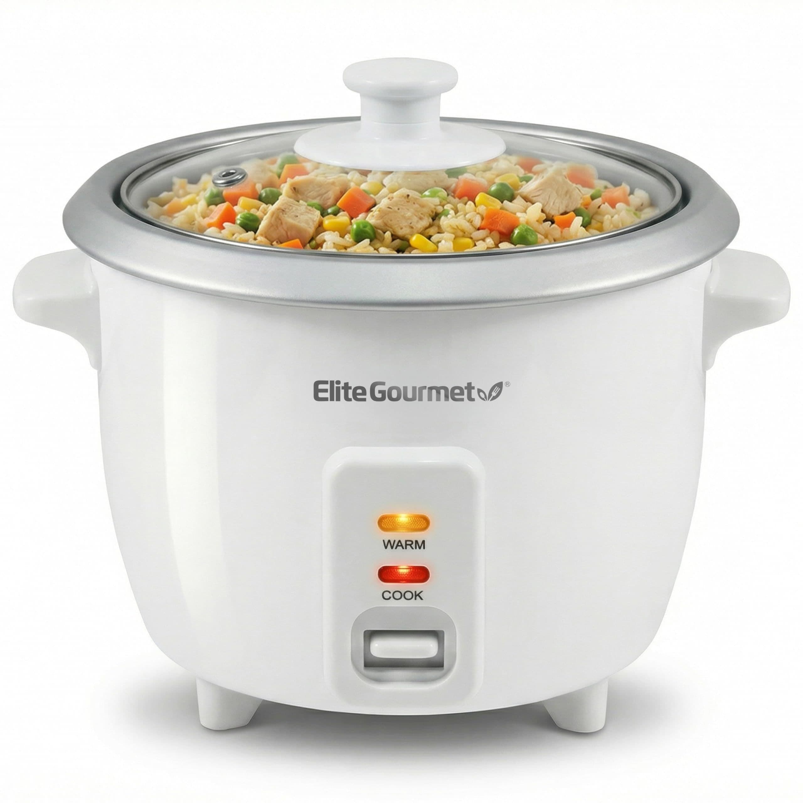 1 arrocera Elite Gourmet blanca de encimera, con tapa de vidrio y recipiente interior antiadherente, embaladas en caja original.