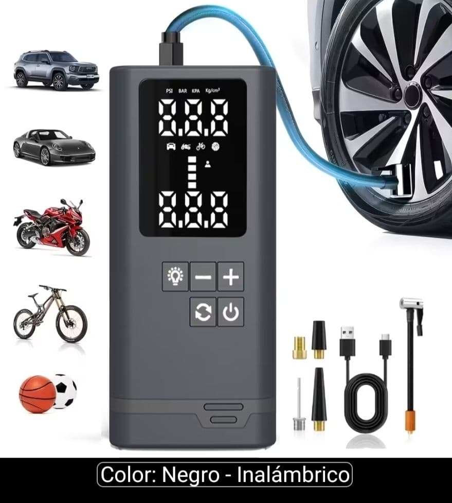 Bomba de aire inalámbrica portátil, modelo F11-1, color negro, presentada en caja original de retail. Se aprecia como inflador multifunción para uso vehicular y doméstico, con indicaciones de luz LED y doble motor de cobre.