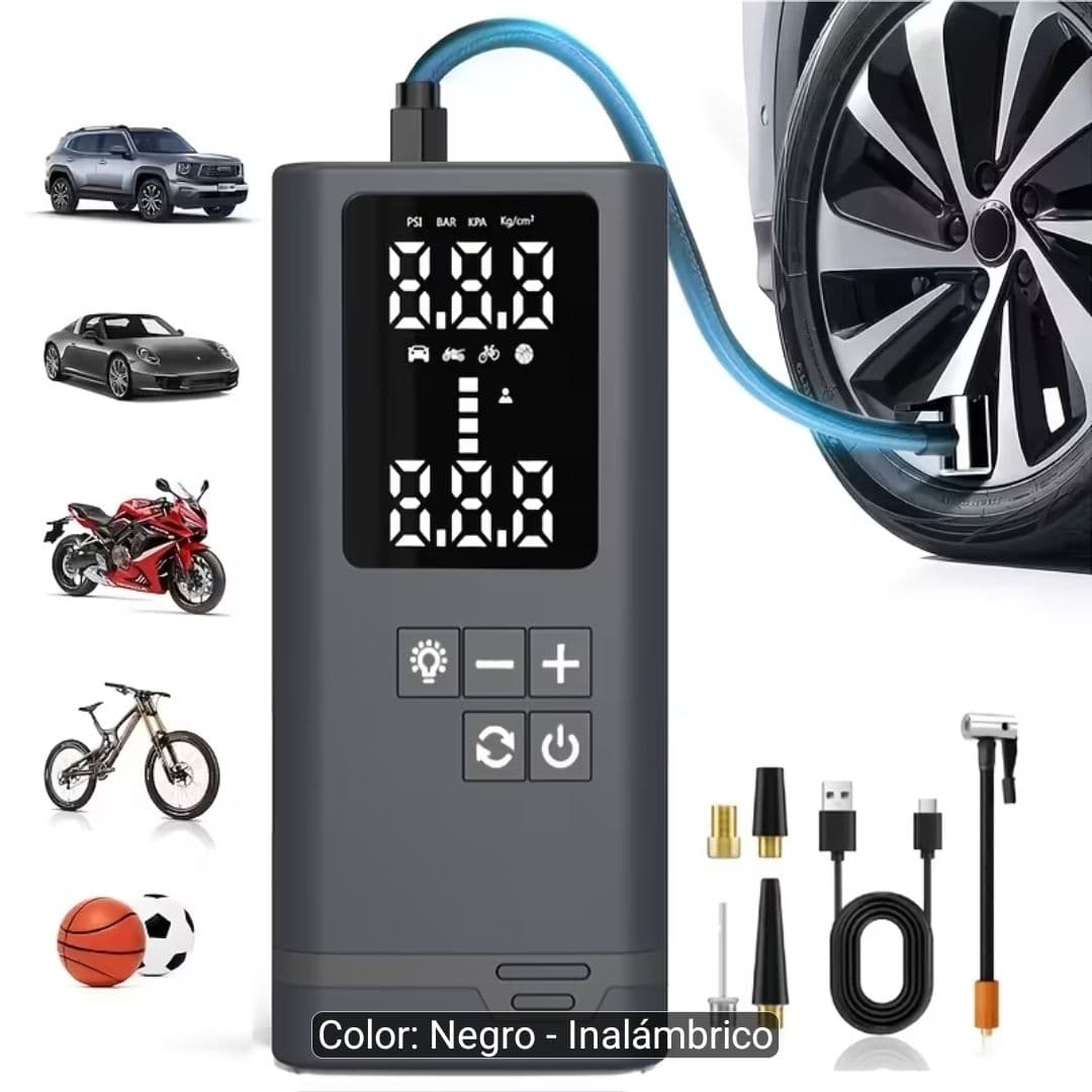 Compresor inalámbrico portátil para inflado de neumáticos, en caja de retail gris/negra con imagen de automóvil; parece incluir función multiactividad y uso automotriz.