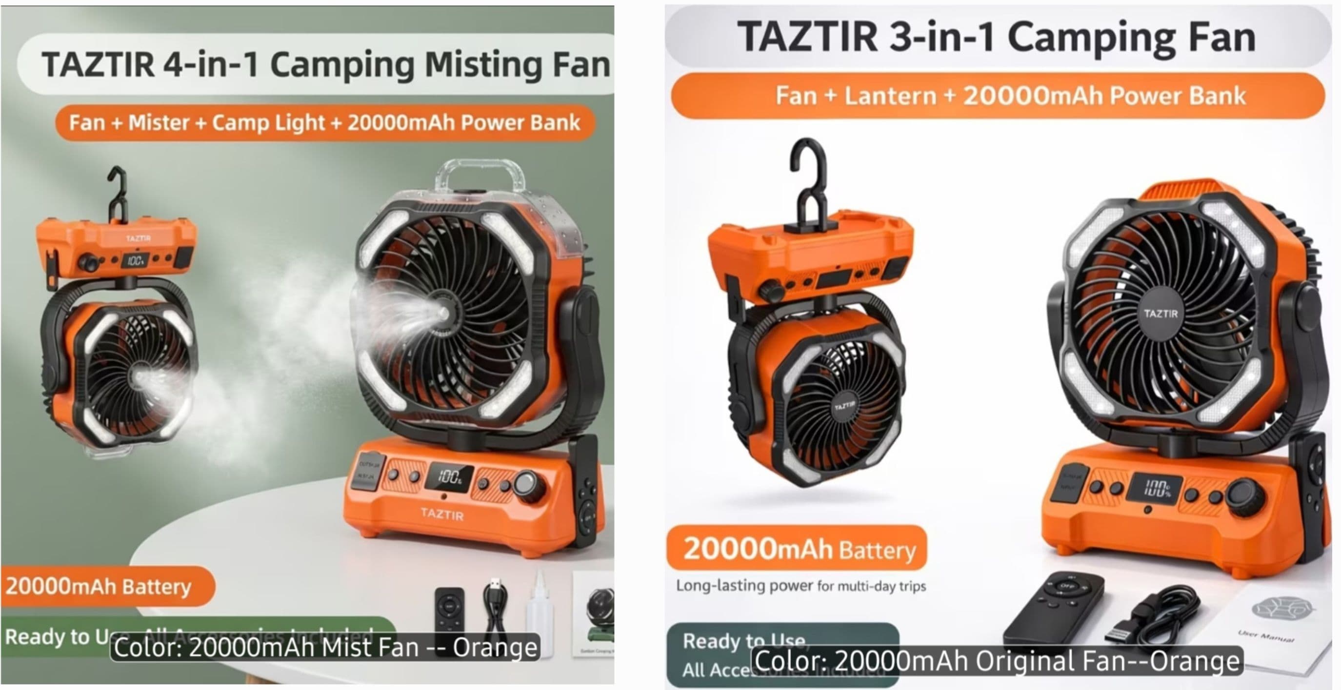2 cajas de ventiladores portátiles de 20000 mAh marca TAZTIR Outdoor ( 1 Misting Fan + 1 Original Fan)