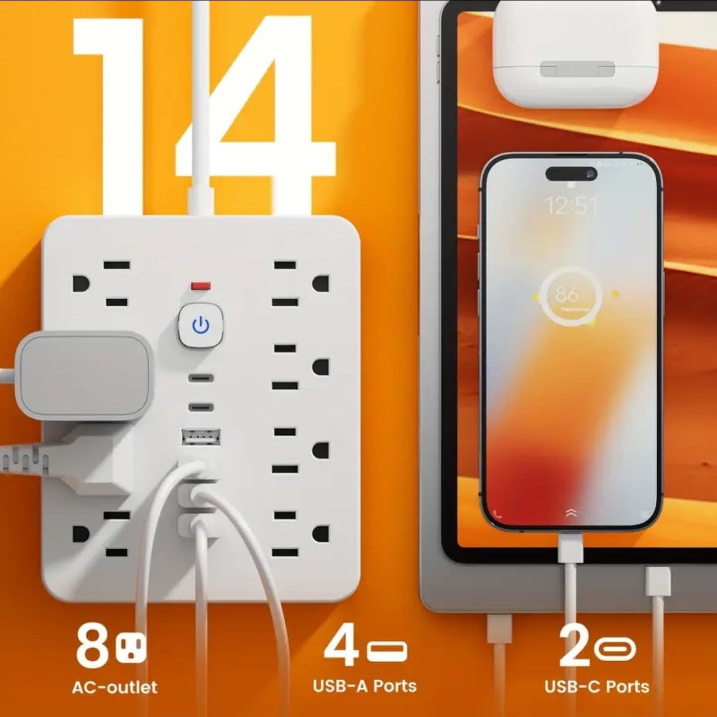 Adaptador de corriente blanco de escritorio o pared, tipo cargador, en caja de cartón con cable de alimentación blanco incluido.