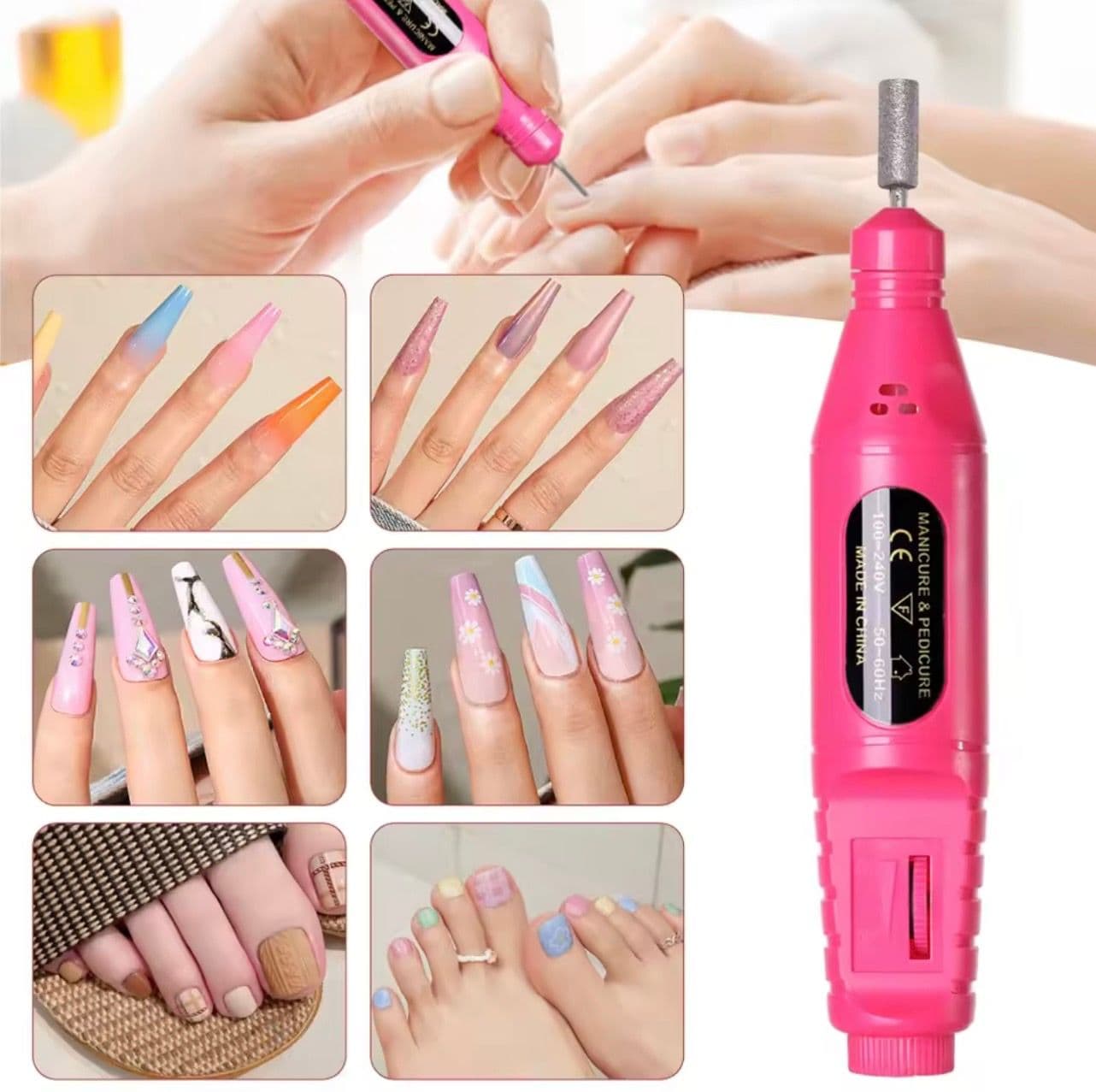 Lixa Elétrica Portátil para Unhas, Kit de Manicure e Pedicure para Unhas Naturais e Postiças, Rosa