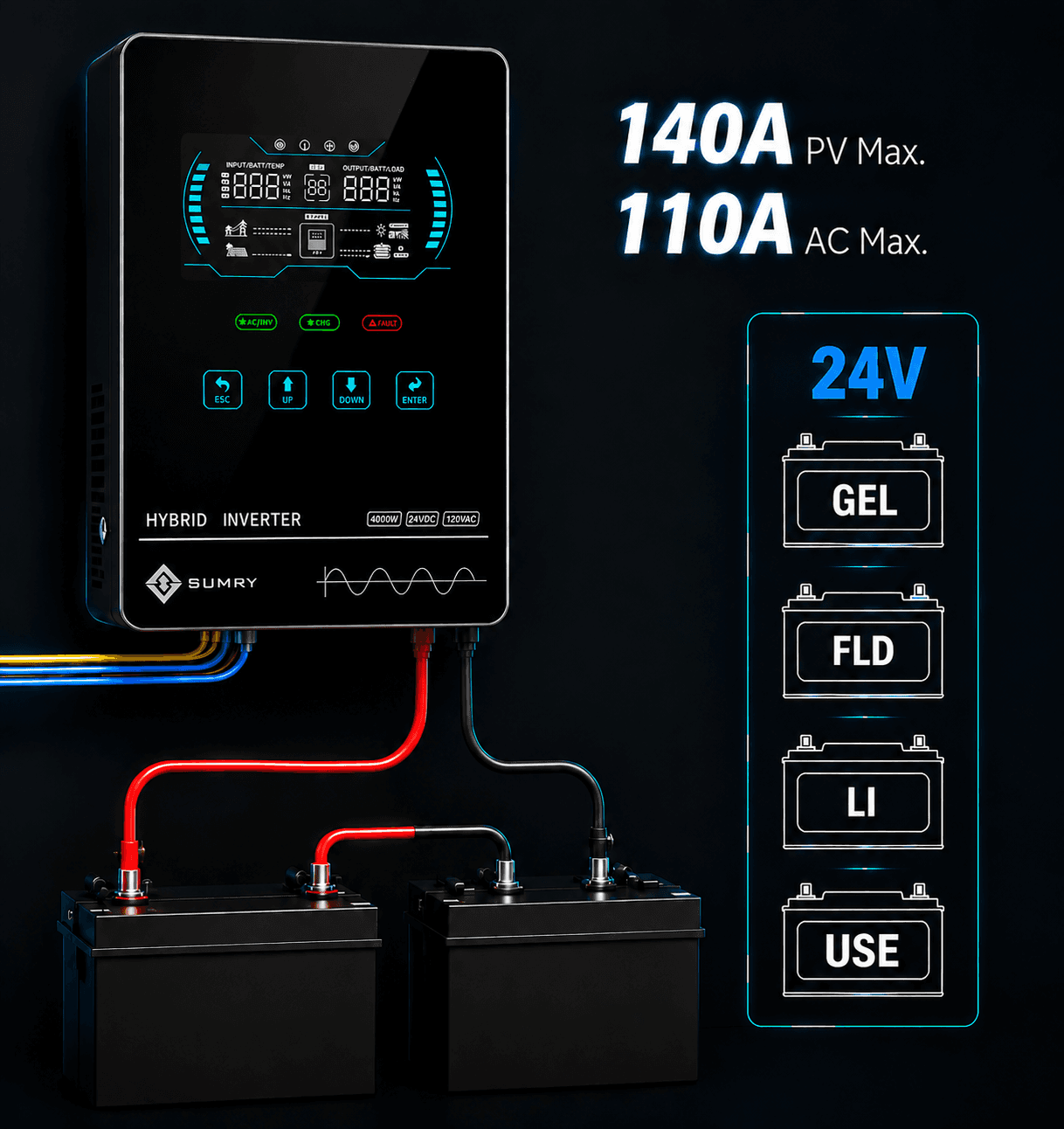 SUMRY Inversor Híbrido 4000W 24VDC a 120VAC para energía solar