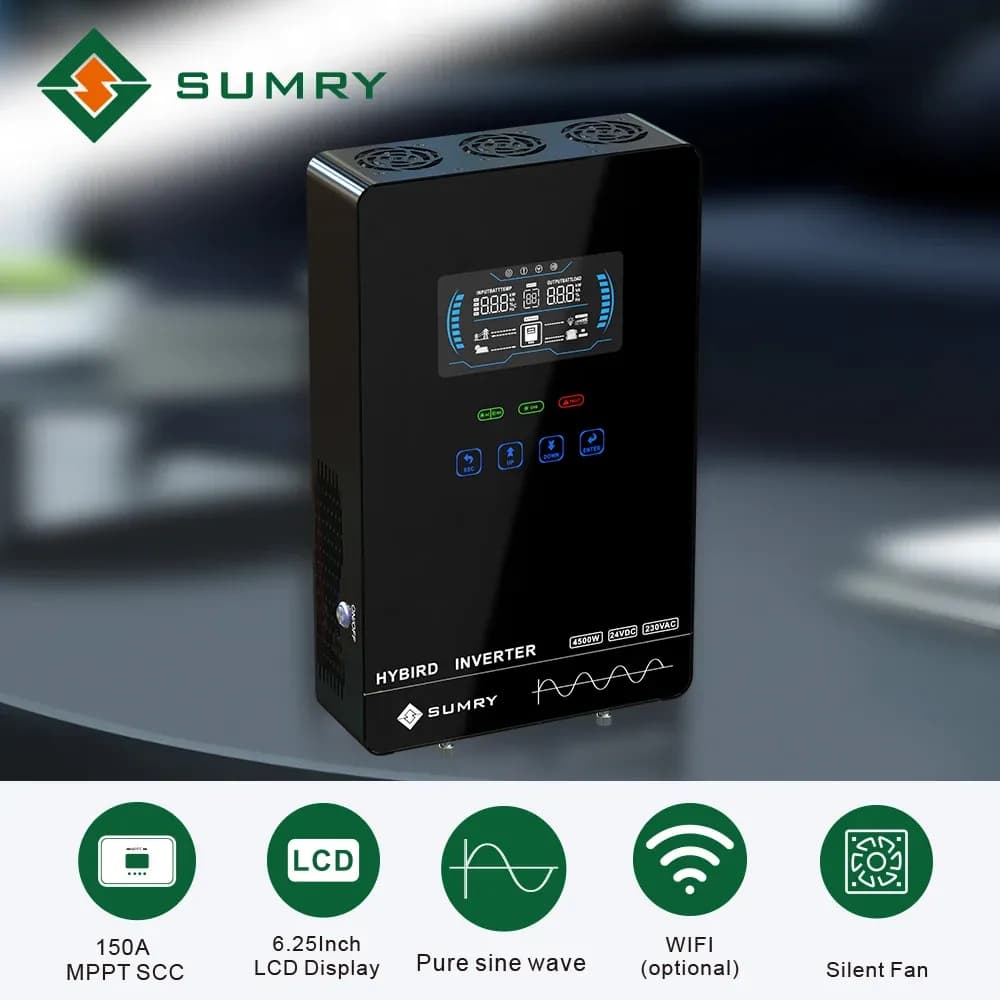 Sumry 4KW 120V Off Grid Solar Inverter 24V 140A 5600W MPPT Charger Pure Sine Wave Home Inverter 6.25 Inch LCD Display