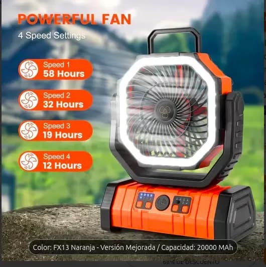 FX13 Portable Camping Fan with 20000mAh Rechargeable Battery, LED Light and Hanging Hook – Orange
