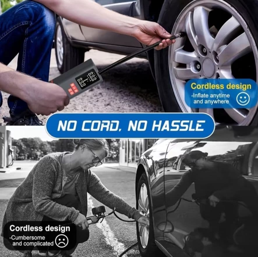 Bomba de aire inalámbrica portátil, modelo F11-1, color negro, presentada en caja original de retail. Se aprecia como inflador multifunción para uso vehicular y doméstico, con indicaciones de luz LED y doble motor de cobre.