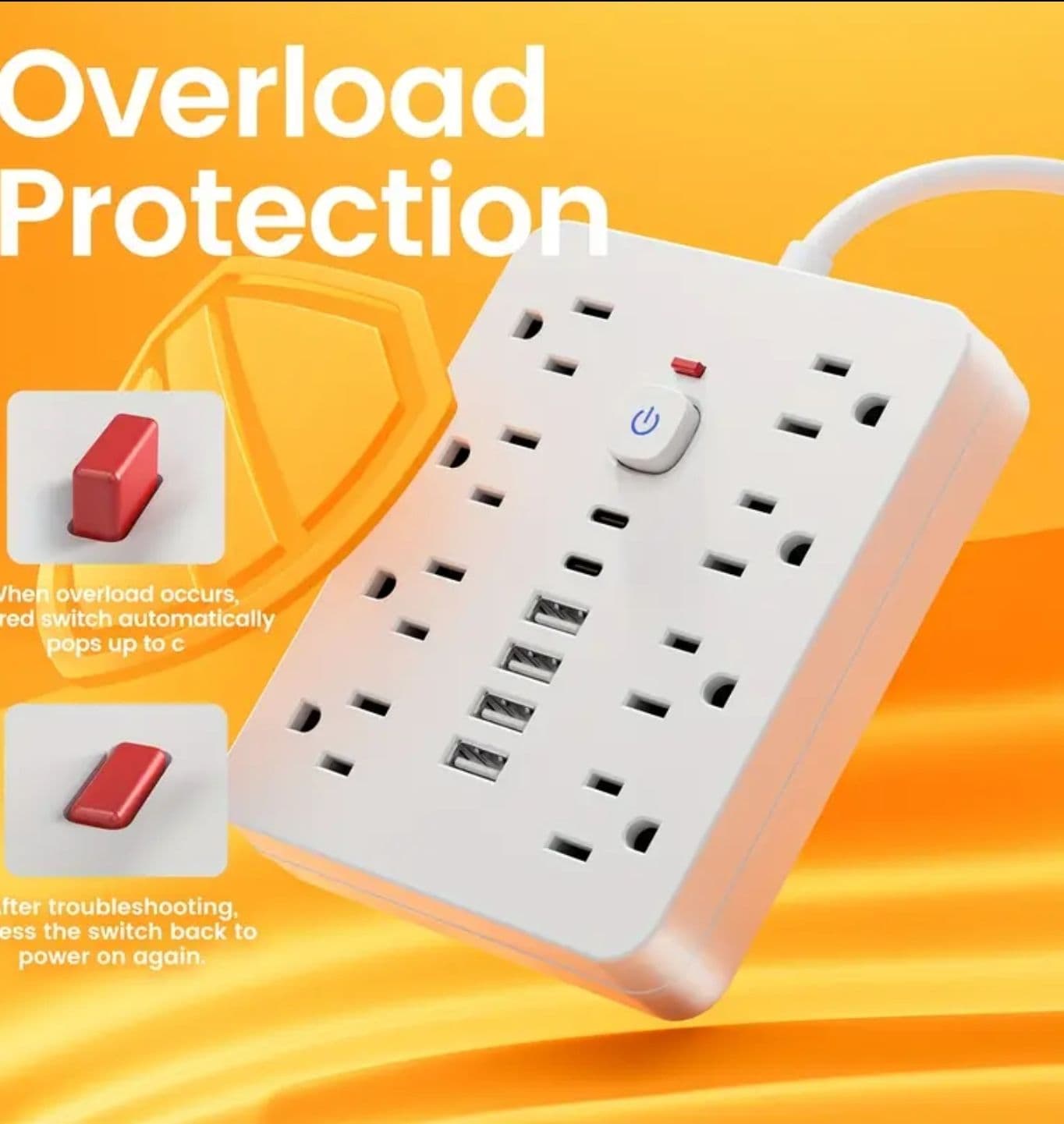 Adaptador de corriente blanco de escritorio o pared, tipo cargador, en caja de cartón con cable de alimentación blanco incluido.