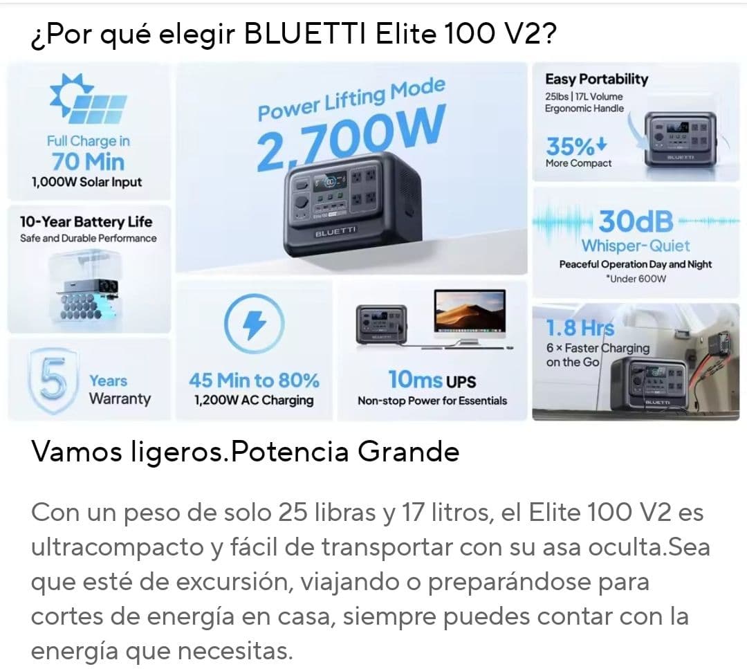 Estación de Energía Bluetti Élite 100 V2. 