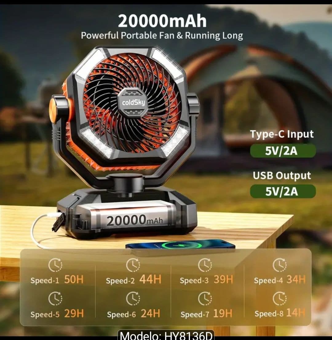 Ventilador Portátil ColdSky 20000mAh con 4 Luces LED, Control Remoto y 8 Velocidades (Verde- Negro)