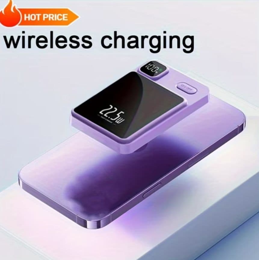 Power bank magnético inalámbrico FAST, color morado, formato portátil con carga inalámbrica y PD 20W, presentado en caja retail blanca.