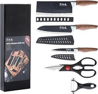 Set de 6 piezas de cuchillos de cocina Hammers Iron Alloy, en caja negra, con cuchillo de chef, cuchillo multiuso, cuchillo para pan y accesorios de corte. Diseño con acabado negro y soporte/tablero de madera ilustrado en el empaque.