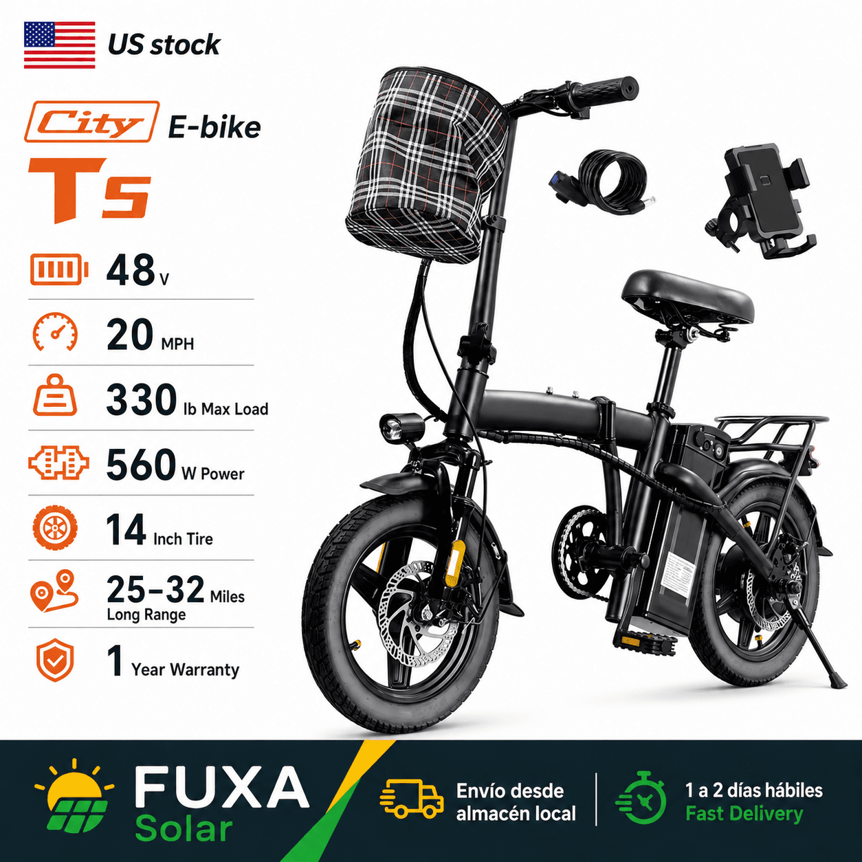 T5 Folding E-Bike 560W, 48V 10.4Ah, 20 MPH, 14in