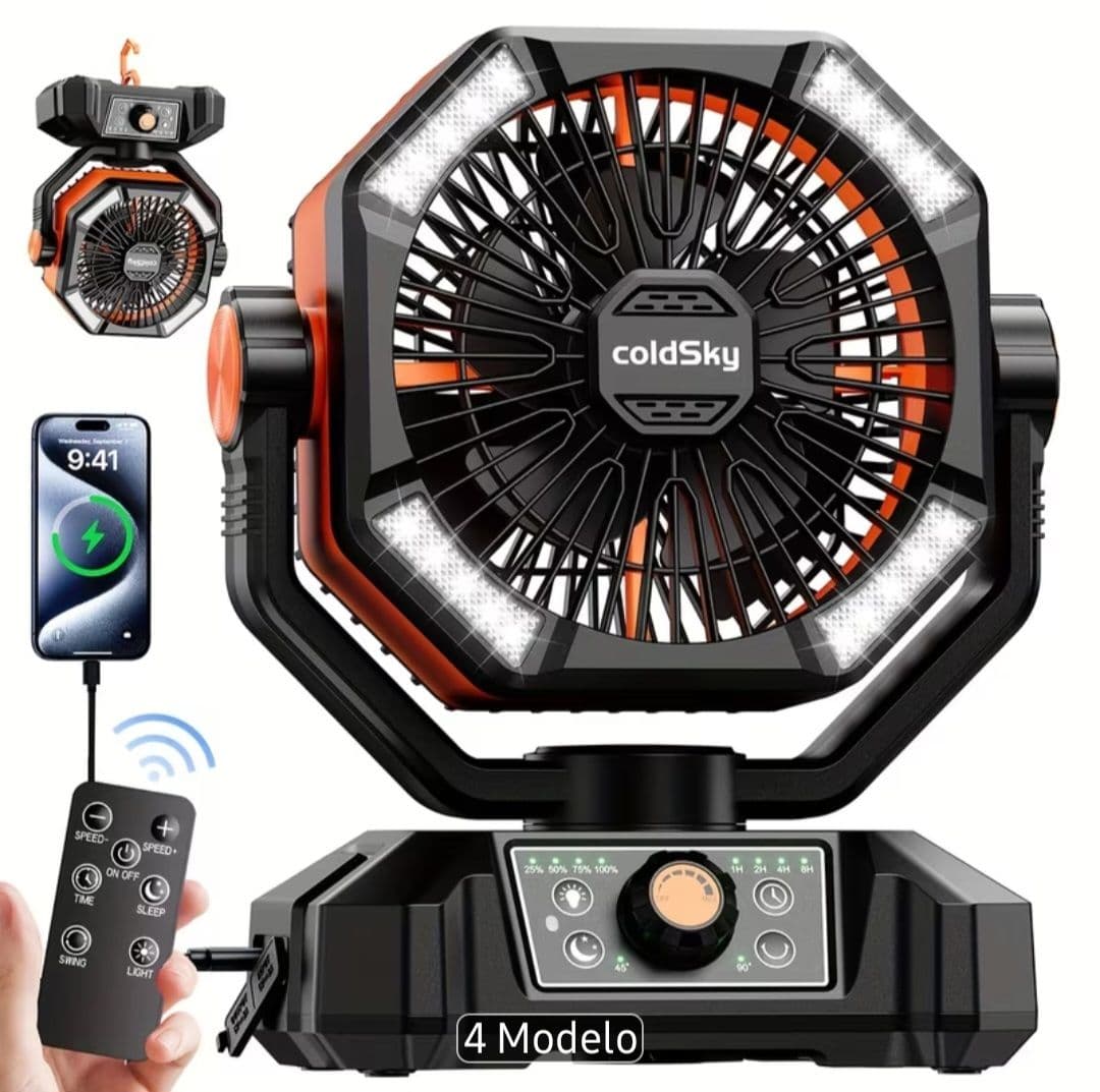 Ventilador de camping recargable coldSky, modelo 8136S, color negro con detalles naranjas, diseño de doble aspa, portátil para uso exterior.