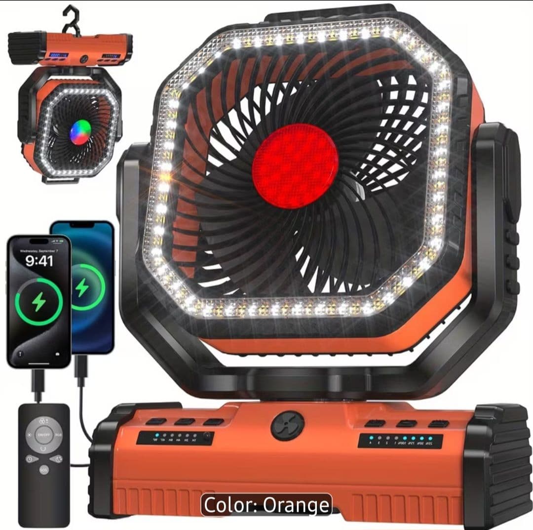 Ventilador portátil para camping EEIFO modelo F16, color naranja,  40000 mAh con 4 velocidades y modo de luz fría y caliente 