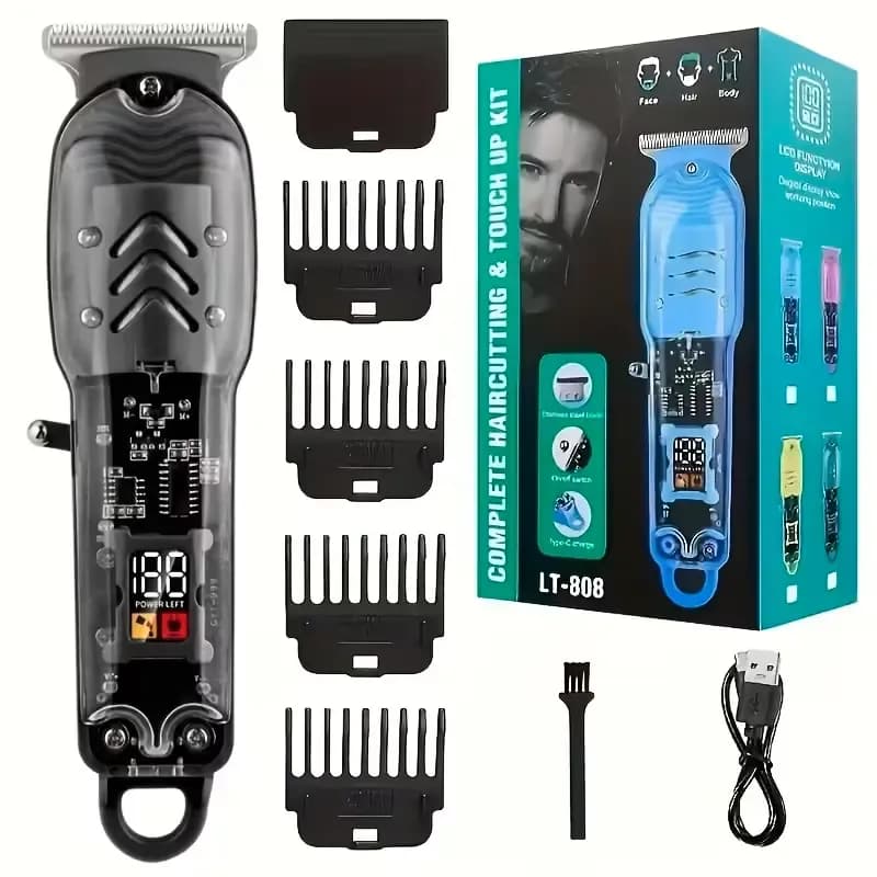 Cortadora de Pelo Profesional para Hombre con Pantalla LCD y Carga USB – Diseño Transparente