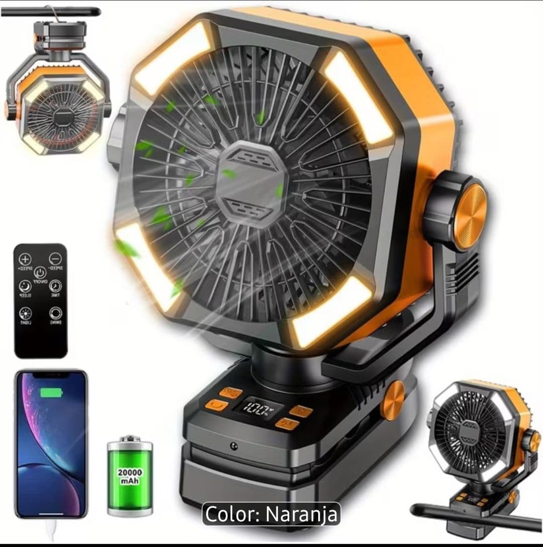 Ventilador de camping recargable portátil, color negro con detalles naranjas, con batería de 20000 mAh y doble aspa ventilador. Producto en caja original.