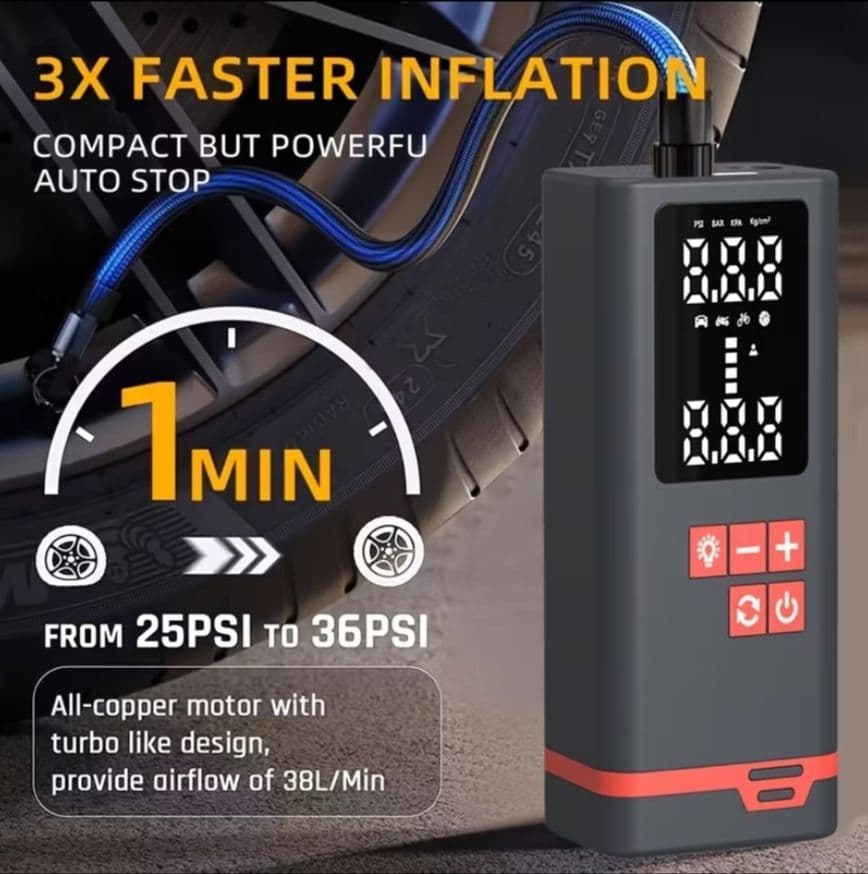 Bomba de aire inalámbrica portátil, modelo F11-1, color negro, presentada en caja original de retail. Se aprecia como inflador multifunción para uso vehicular y doméstico, con indicaciones de luz LED y doble motor de cobre.
