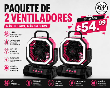 2 ventiladores portátiles para exteriores en caja, color marrón kraft con impresión negra de 'OUTDOOR FAN', estilo caja original de producto.
