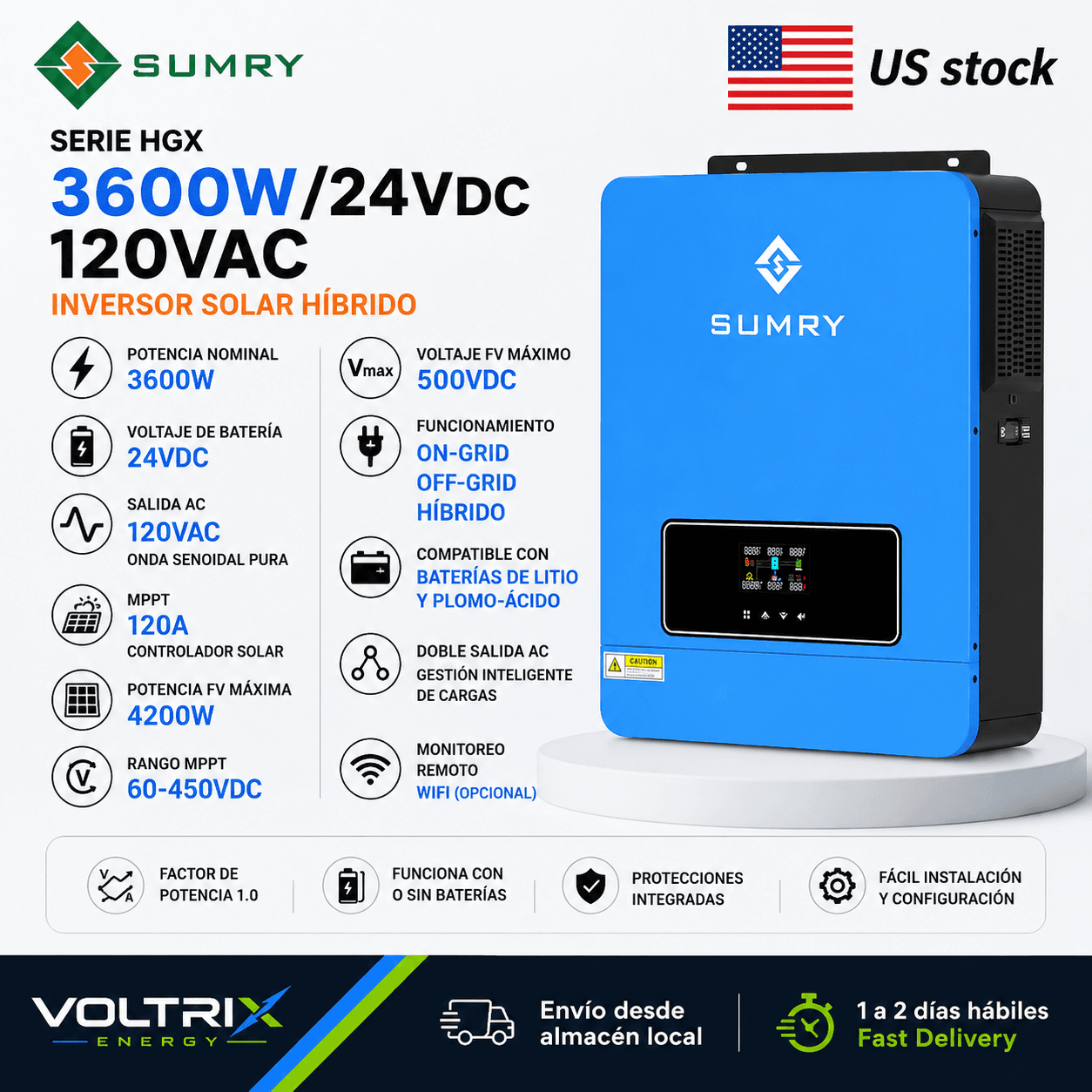 SUMRY Hybrid Inverter 3600W 24V MPPT 120A | Pure Sine Wave Solar Inverter | Voltrix Energy