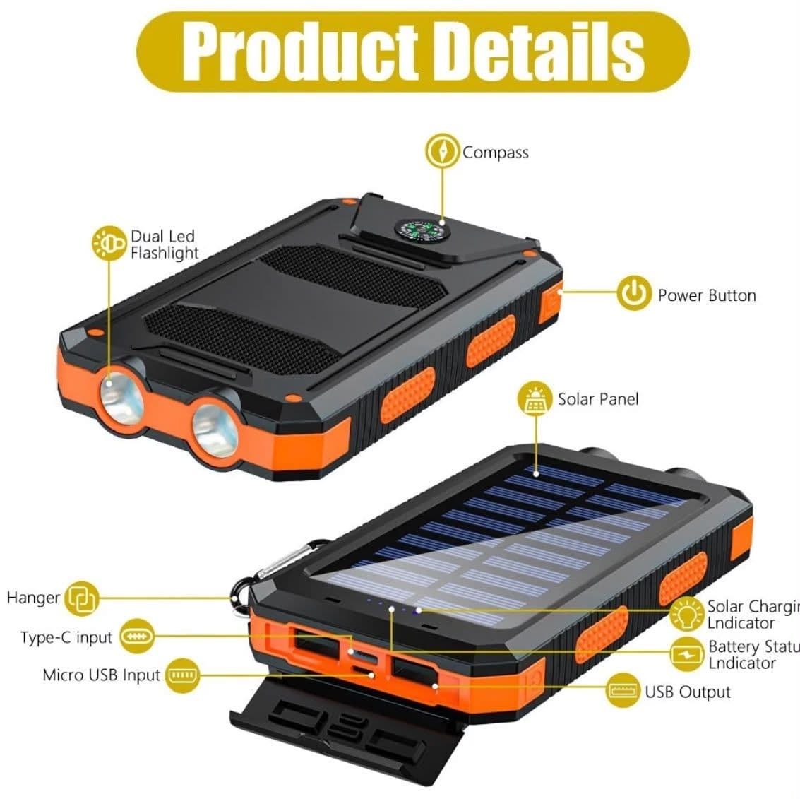 1  power bank negro tipo carga rápida, en caja blanca con ventana transparente, estilo compacto para uso portátil.
