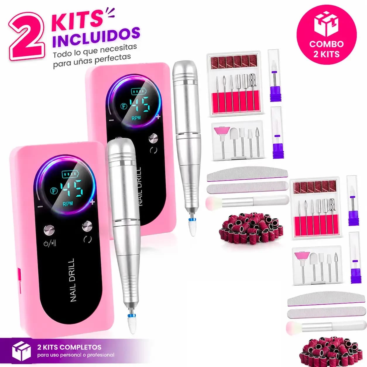 Combo de 2 Tornos Profesionales para Uñas Nail Drill 45000 RPM con Pantalla Digital – Rosa
