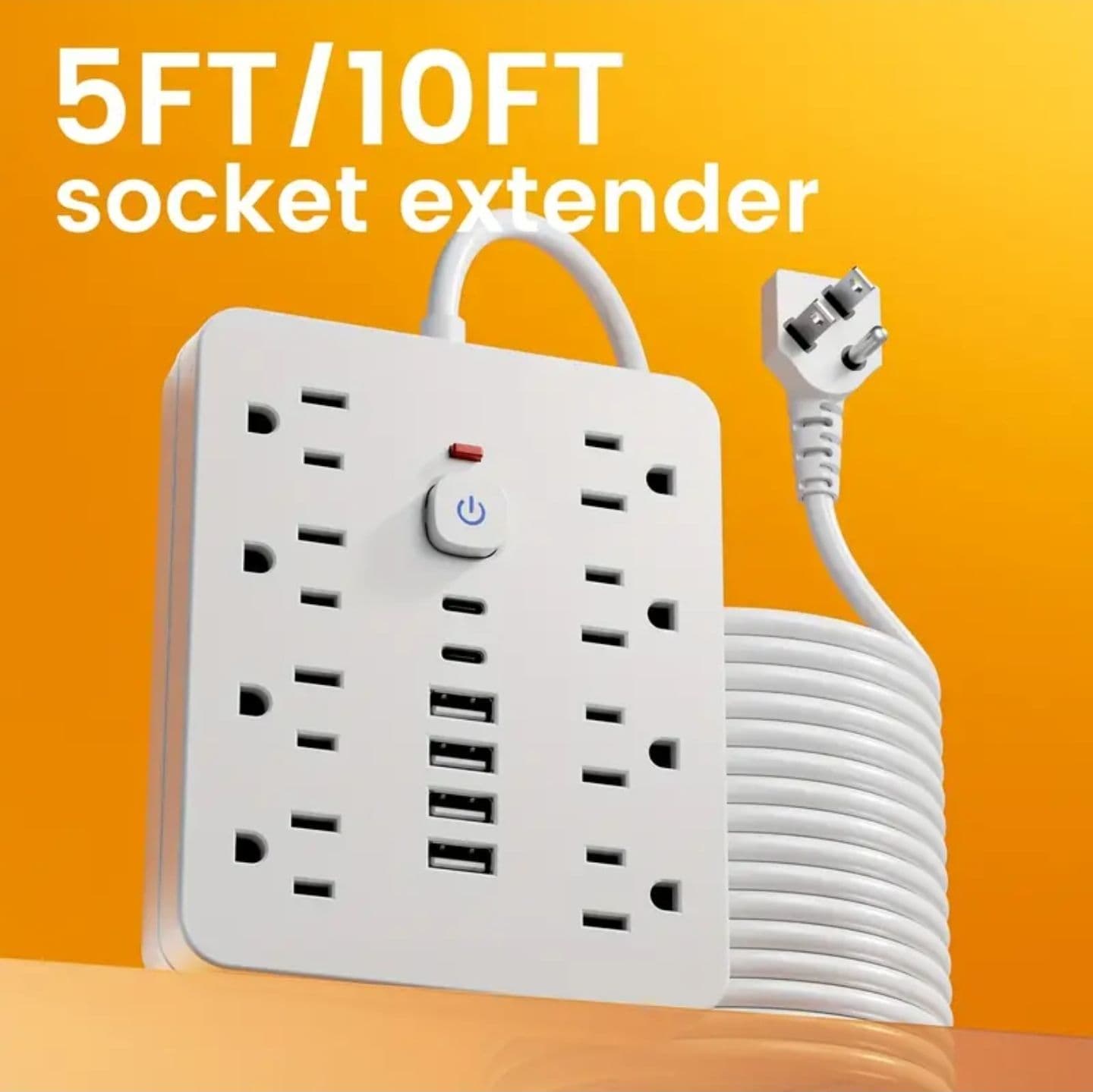 Adaptador de corriente blanco de escritorio o pared, tipo cargador, en caja de cartón con cable de alimentación blanco incluido.