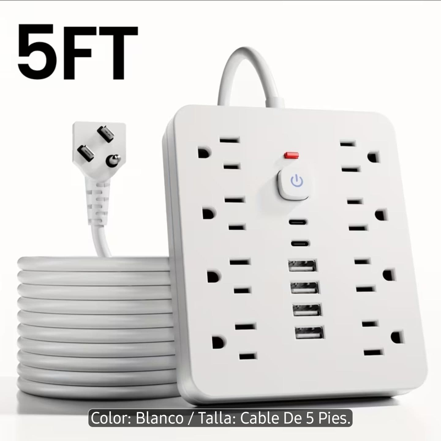 Adaptador de corriente blanco de escritorio o pared, tipo cargador, en caja de cartón con cable de alimentación blanco incluido.